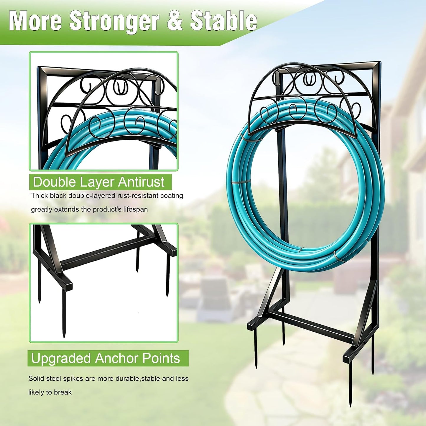 Garden Hose Holder, Heavy Duty 4 Spikes Water Hose Stand, Freestanding Hose Hanger Holds 150FT, Stable Hose Storage Organizer for Outside Yard Lawn