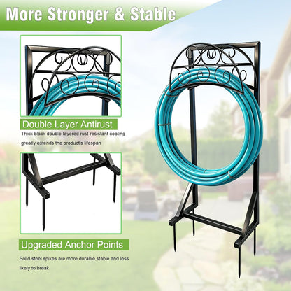 Garden Hose Holder, Heavy Duty 4 Spikes Water Hose Stand, Freestanding Hose Hanger Holds 150FT, Stable Hose Storage Organizer for Outside Yard Lawn