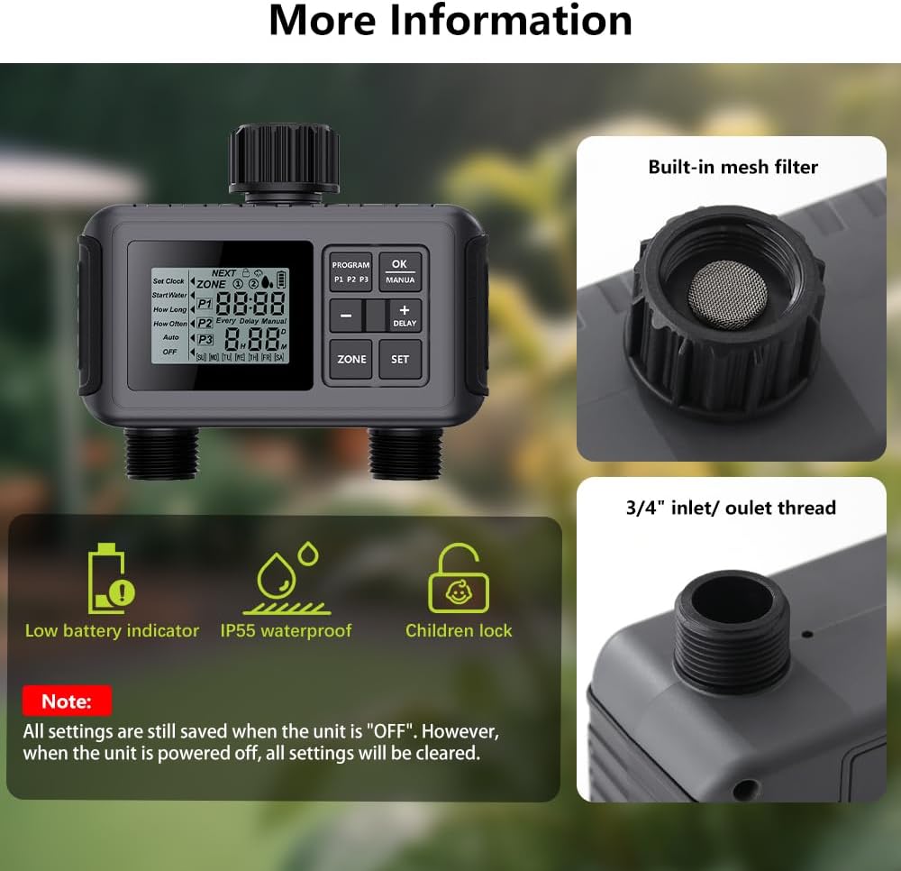 SGW07 Sprinkler Timer 2 Outlets, Programmable Water Hose Timer