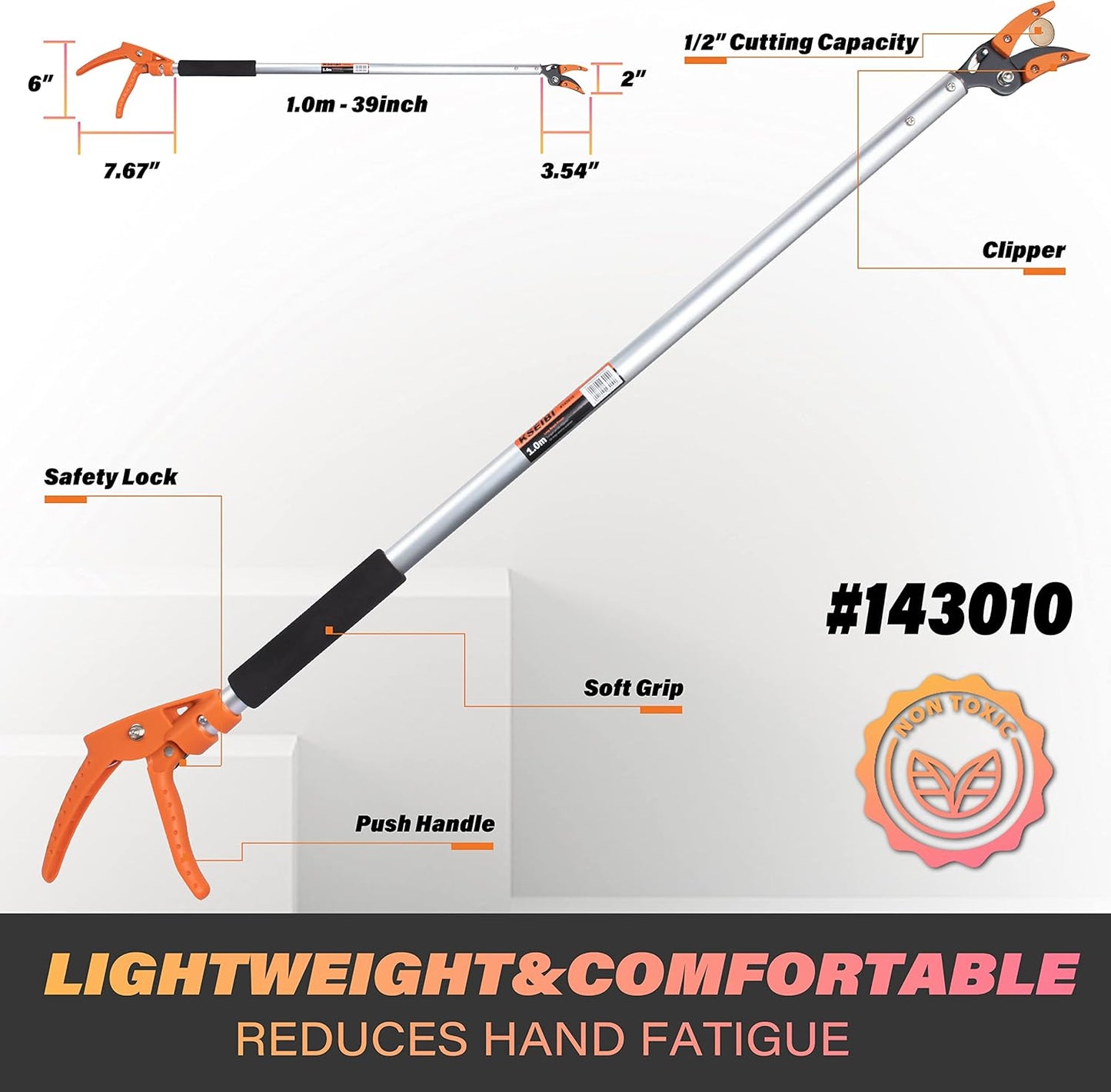 143010 Long Reach 3.5 ft (1.0m) Cut & Hold Bypass Pruner - Lightweight Aluminum, Rust-Resistant, Ergonomic Grip, 1/4" Max Cut - Ideal for Precision Gardening & Pruning