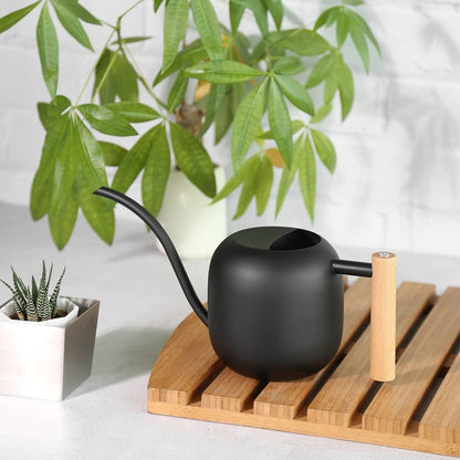 Watering Can 45 oz Long Spout Wooden Handle Stainless Steel
