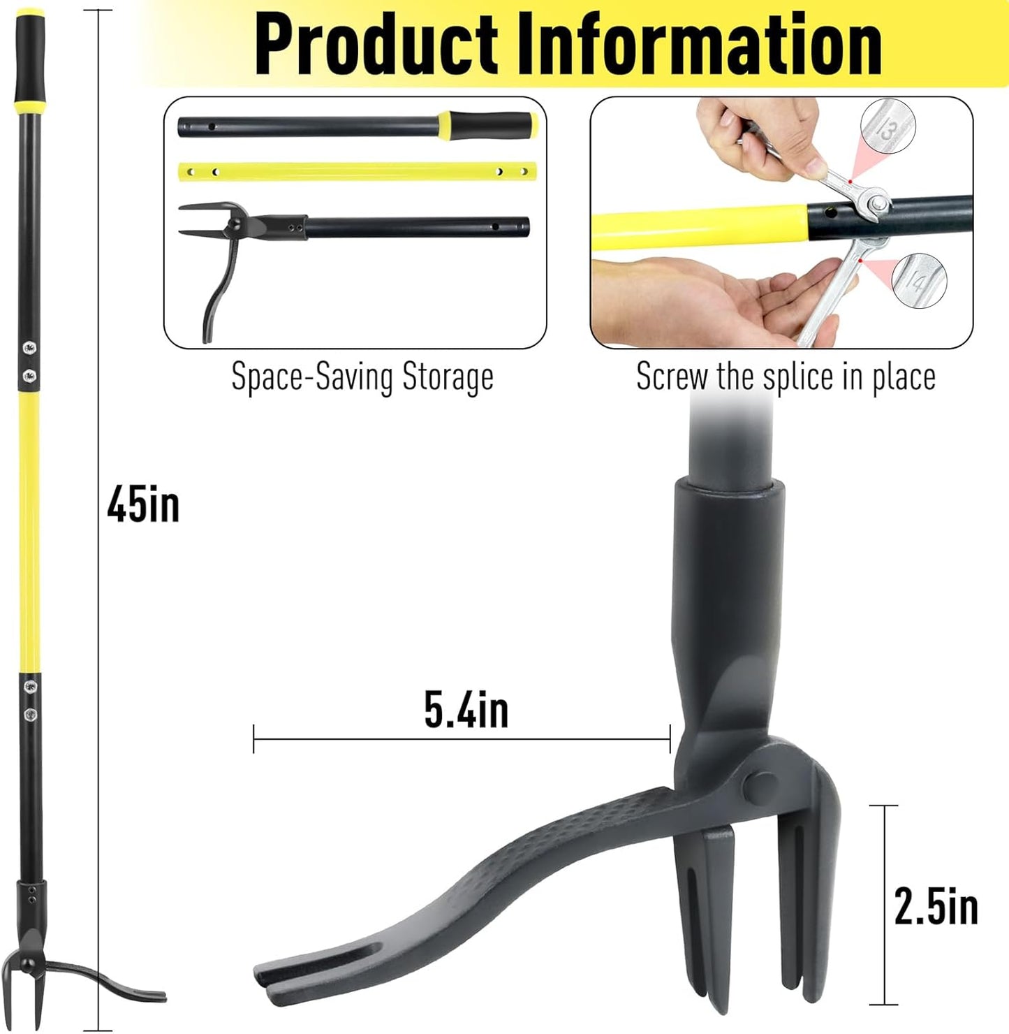 Weed Puller Tool Stand Up Heavy Duty, 45" Weed Remover Tool with Long Handle and 4-Claw Steel Head, Manual Weeding Tool for Garden Lawn Yard, Easily Remove Weeds Without Bending