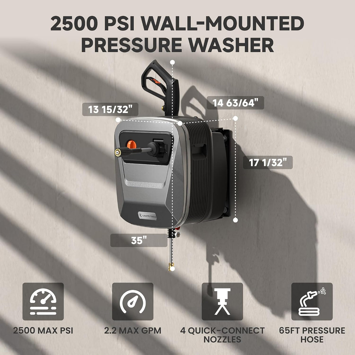 65FT Wall Mount Pressure Washer G20, Dark Silver, Grey Hose