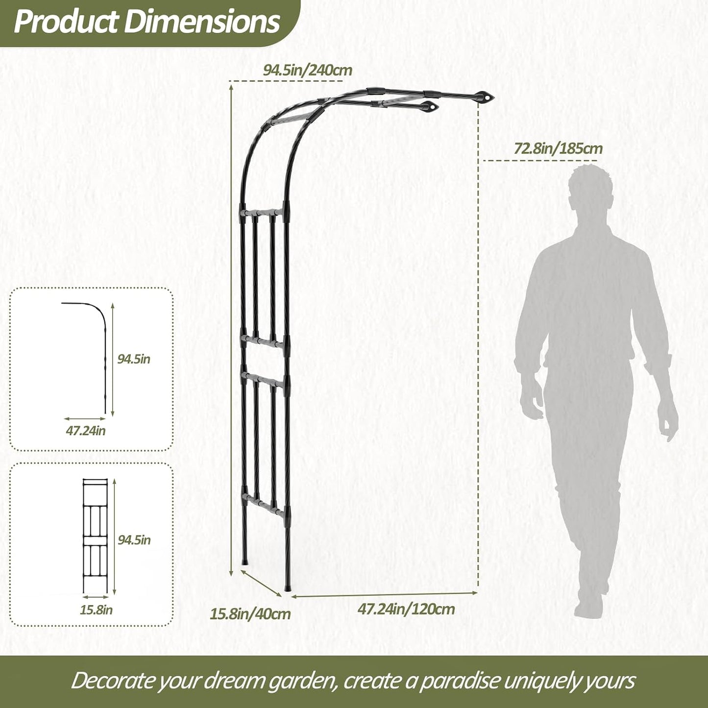 Half Garden Arch - 47in(L)*94.5in(H),Wall Trellis for Climbing Plants Outdoor, Metal Arch with Plastic-Coated Steel Pipe, Arbor Trellis for Lawn, Patio, Backyard Decorations(20MM Pipe)