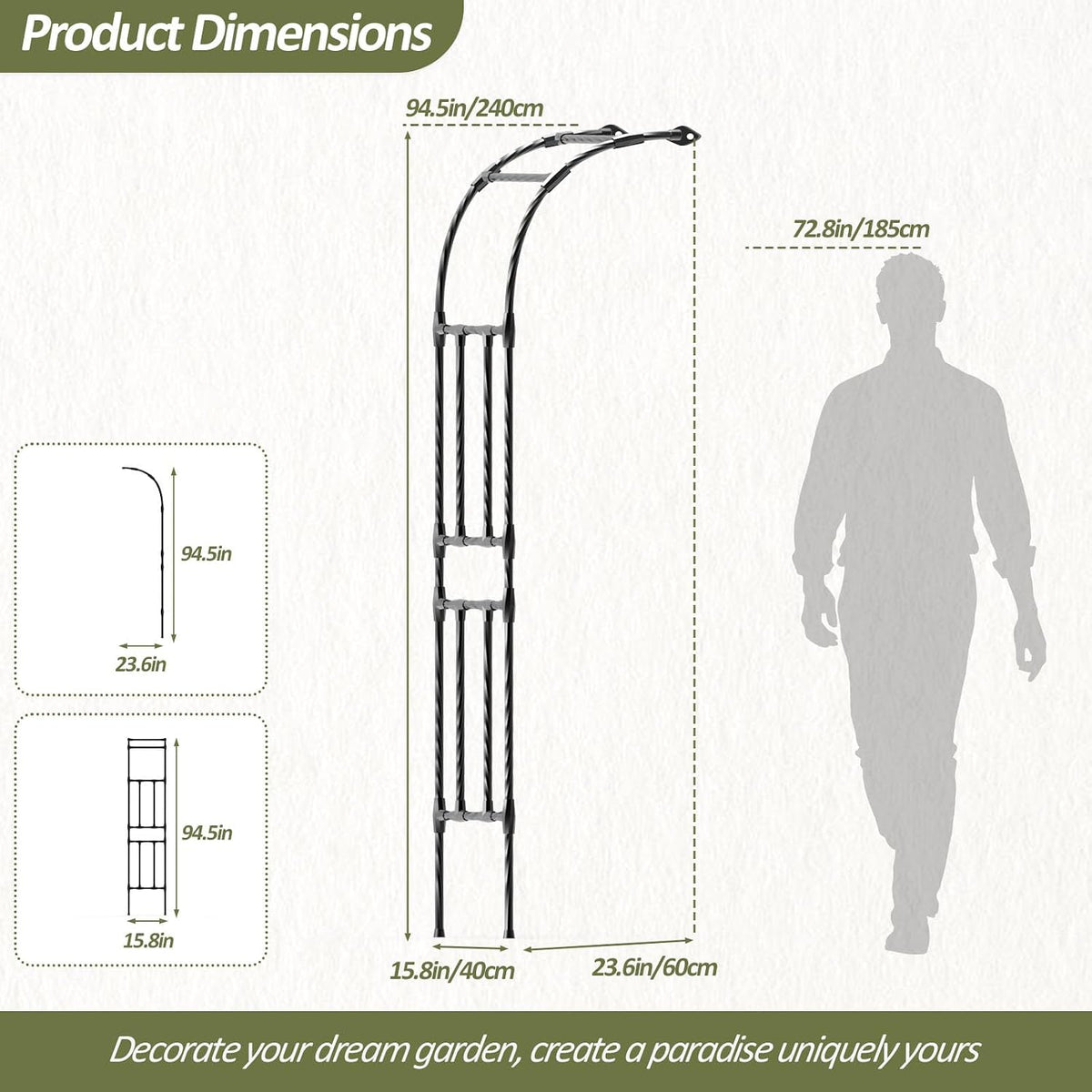Half Garden Arch - 47in(L)*94.5in(H),Wall Trellis for Climbing Plants Outdoor, Metal Arch with Plastic-Coated Steel Pipe, Arbor Trellis for Lawn, Patio, Backyard Decorations(20MM Pipe)