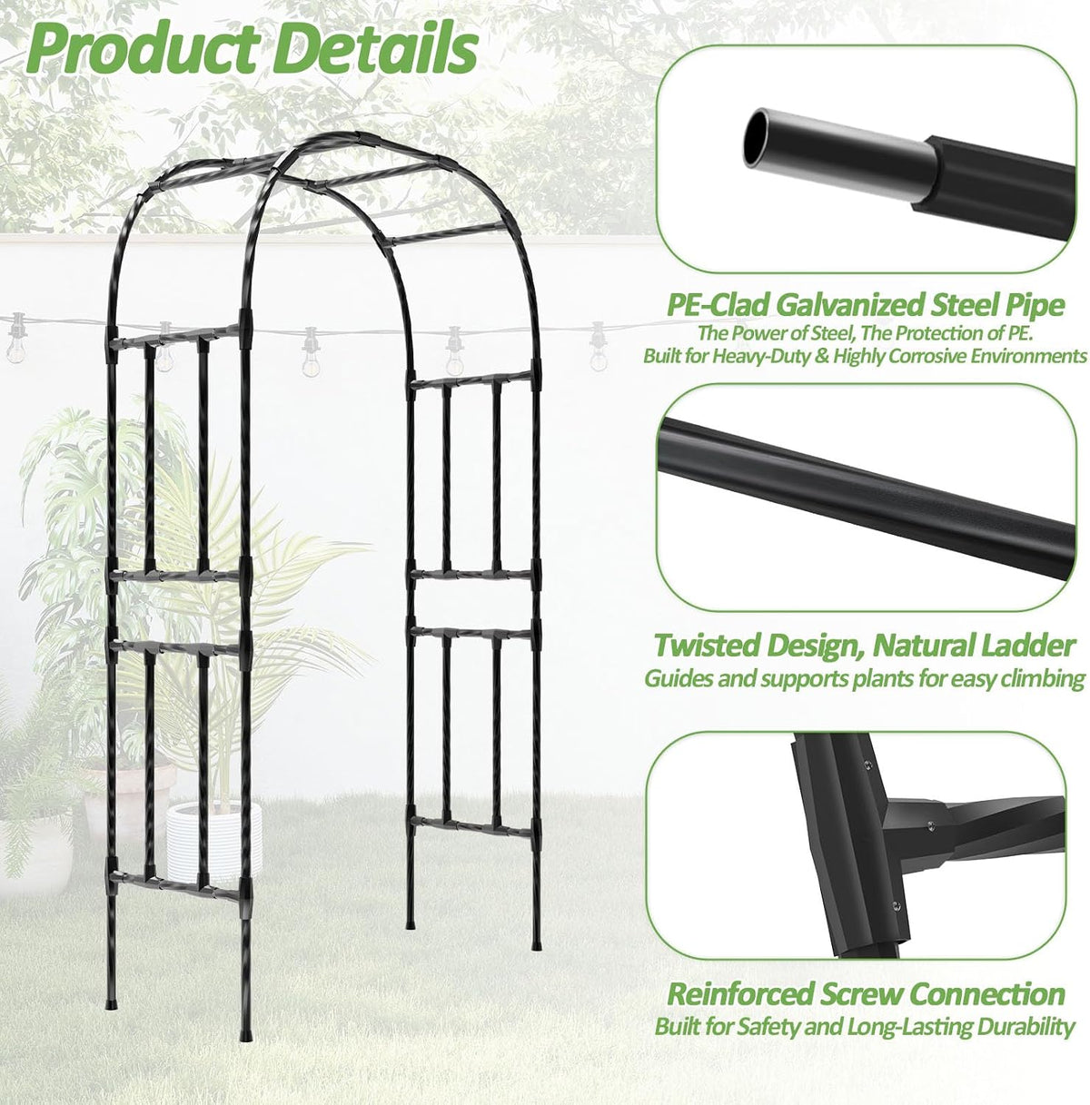 Half Garden Arch - 47in(L)*94.5in(H),Wall Trellis for Climbing Plants Outdoor, Metal Arch with Plastic-Coated Steel Pipe, Arbor Trellis for Lawn, Patio, Backyard Decorations(20MM Pipe)