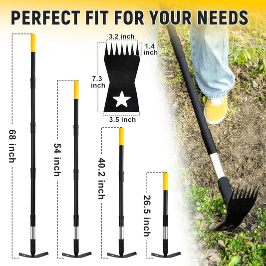 2-in-1 Weed Rake and Garden Hoe, 68" Weed Puller Tool with Long Handle, Manual Weeds Remover, Heavy Duty Stand Up Weeder Uprooting Weeding Pull Tool for Garden Yard Lawn Patio