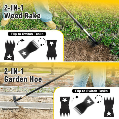 2-in-1 Weed Rake and Garden Hoe, 68" Weed Puller Tool with Long Handle, Manual Weeds Remover, Heavy Duty Stand Up Weeder Uprooting Weeding Pull Tool for Garden Yard Lawn Patio