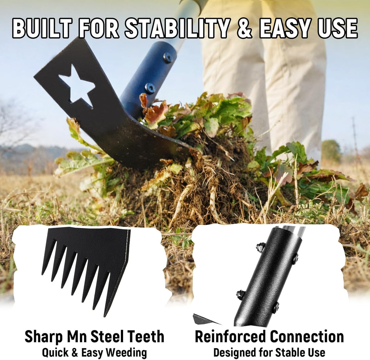 2-in-1 Weed Rake and Garden Hoe, 68" Weed Puller Tool with Long Handle, Manual Weeds Remover, Heavy Duty Stand Up Weeder Uprooting Weeding Pull Tool for Garden Yard Lawn Patio