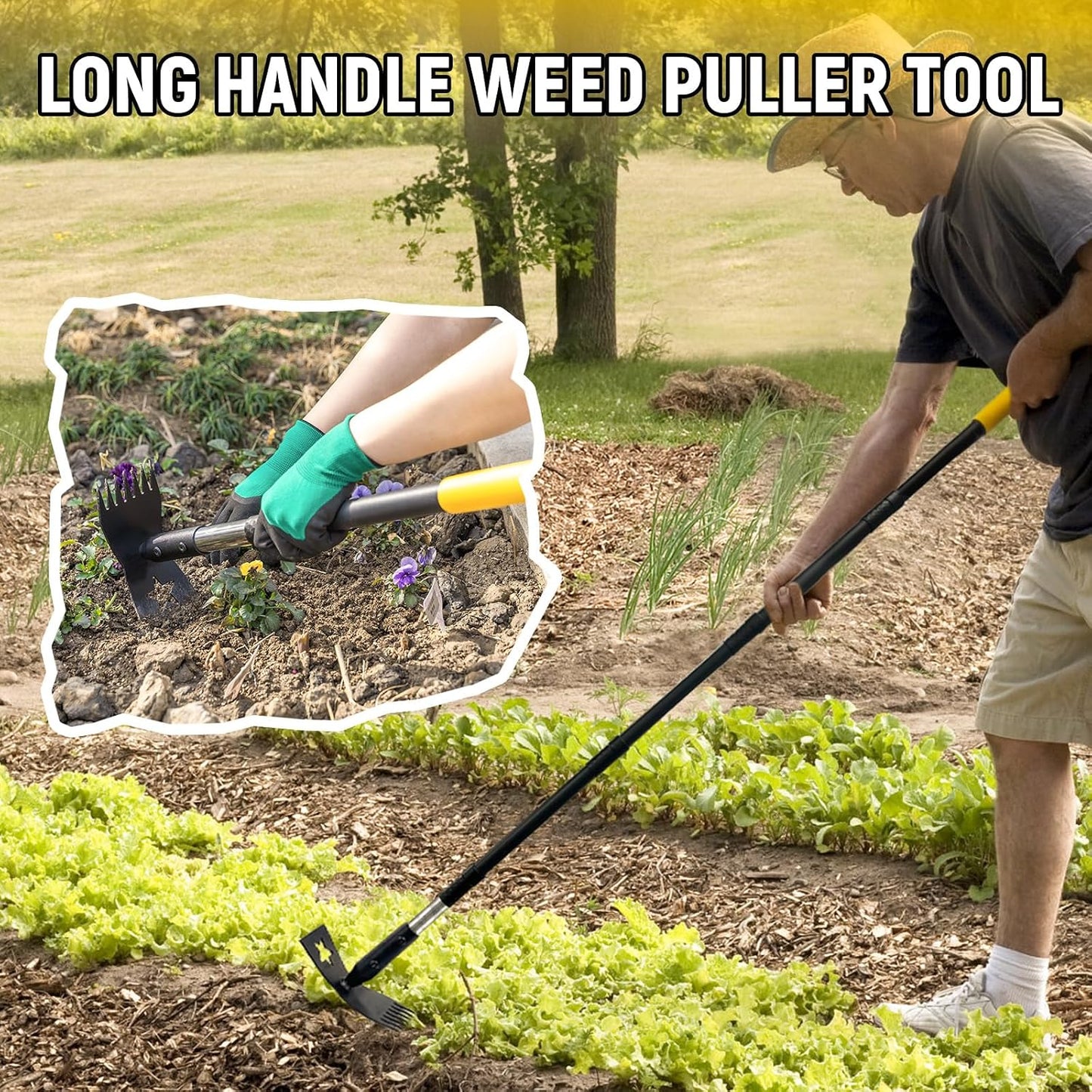 2-in-1 Weed Rake and Garden Hoe, 68" Weed Puller Tool with Long Handle, Manual Weeds Remover, Heavy Duty Stand Up Weeder Uprooting Weeding Pull Tool for Garden Yard Lawn Patio