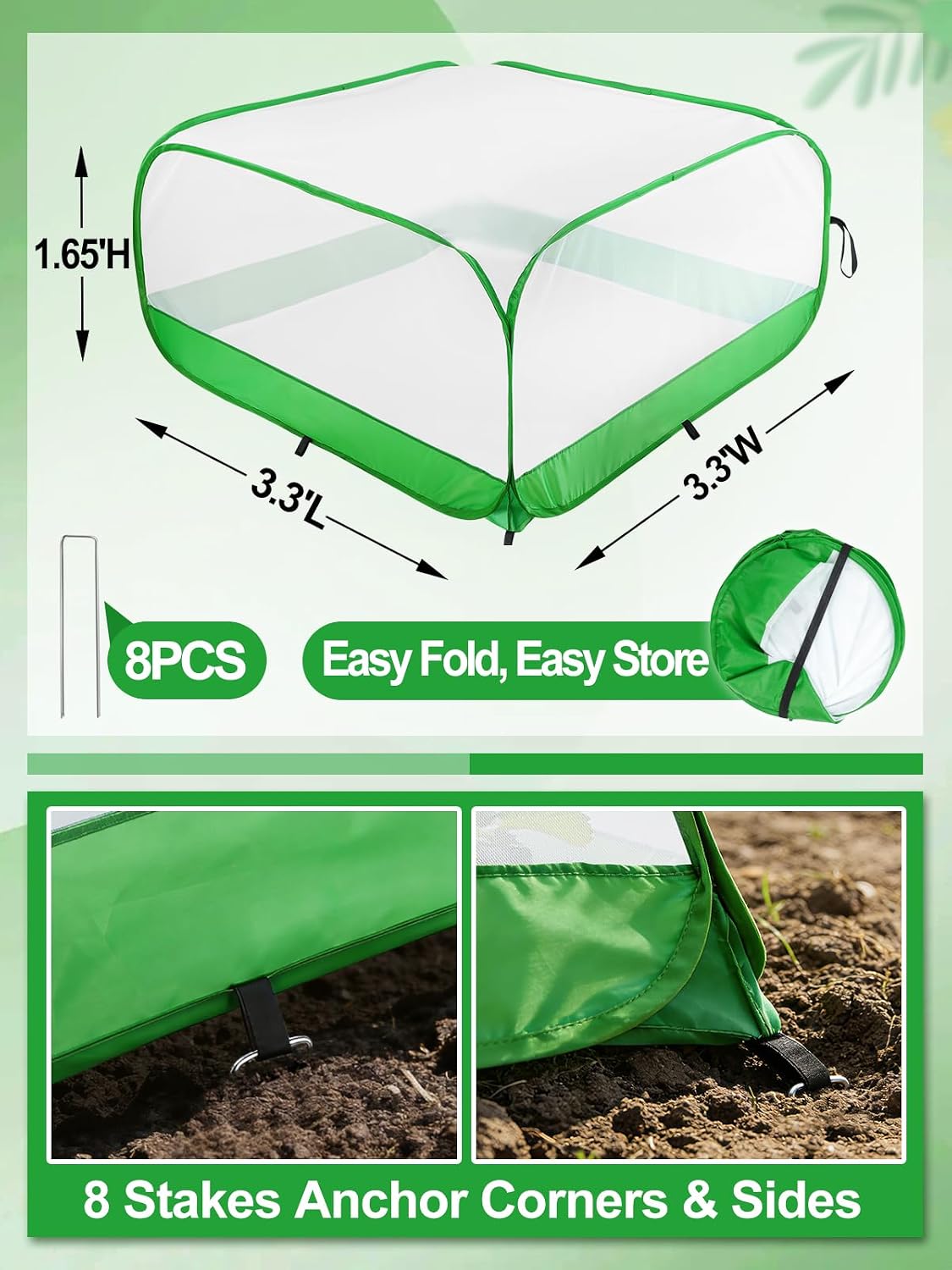 Pop Up Garden Netting for Square Raised Beds, 3.3'L x 3.3'W x 1.65'H