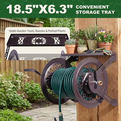 Wall Mounted Garden Hose Reel, Holds 175 ft 5/8-inch Hose, Brown