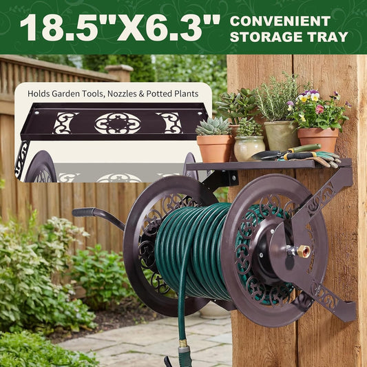 Wall Mounted Garden Hose Reel, Holds 175 ft 5/8-inch Hose, Brown
