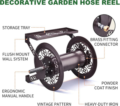 Wall Mounted Garden Hose Reel, Holds 175 ft 5/8-inch Hose, Brown