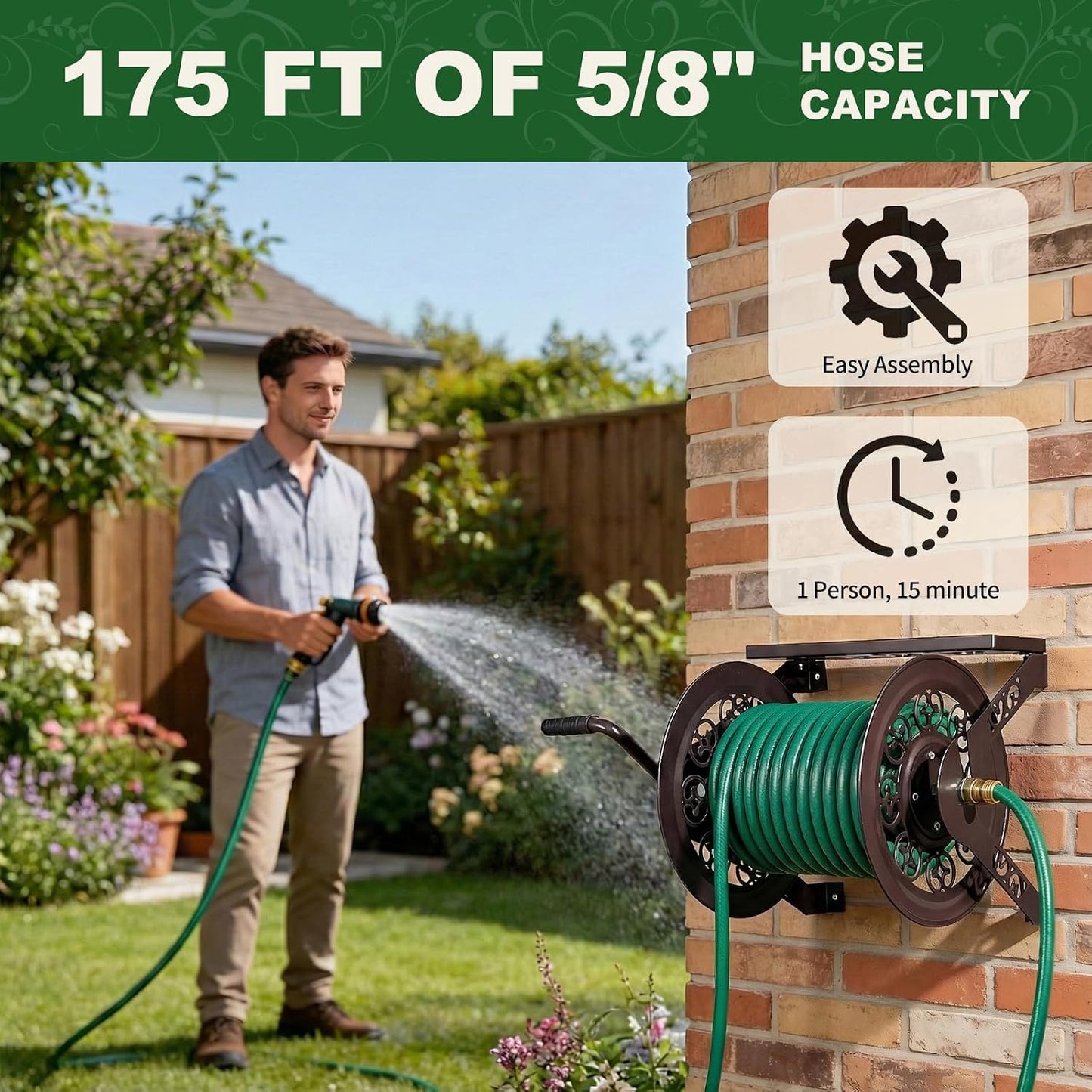 Wall Mounted Garden Hose Reel, Holds 175 ft 5/8-inch Hose, Brown