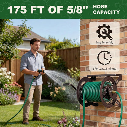 Wall Mounted Garden Hose Reel, Holds 175 ft 5/8-inch Hose, Brown
