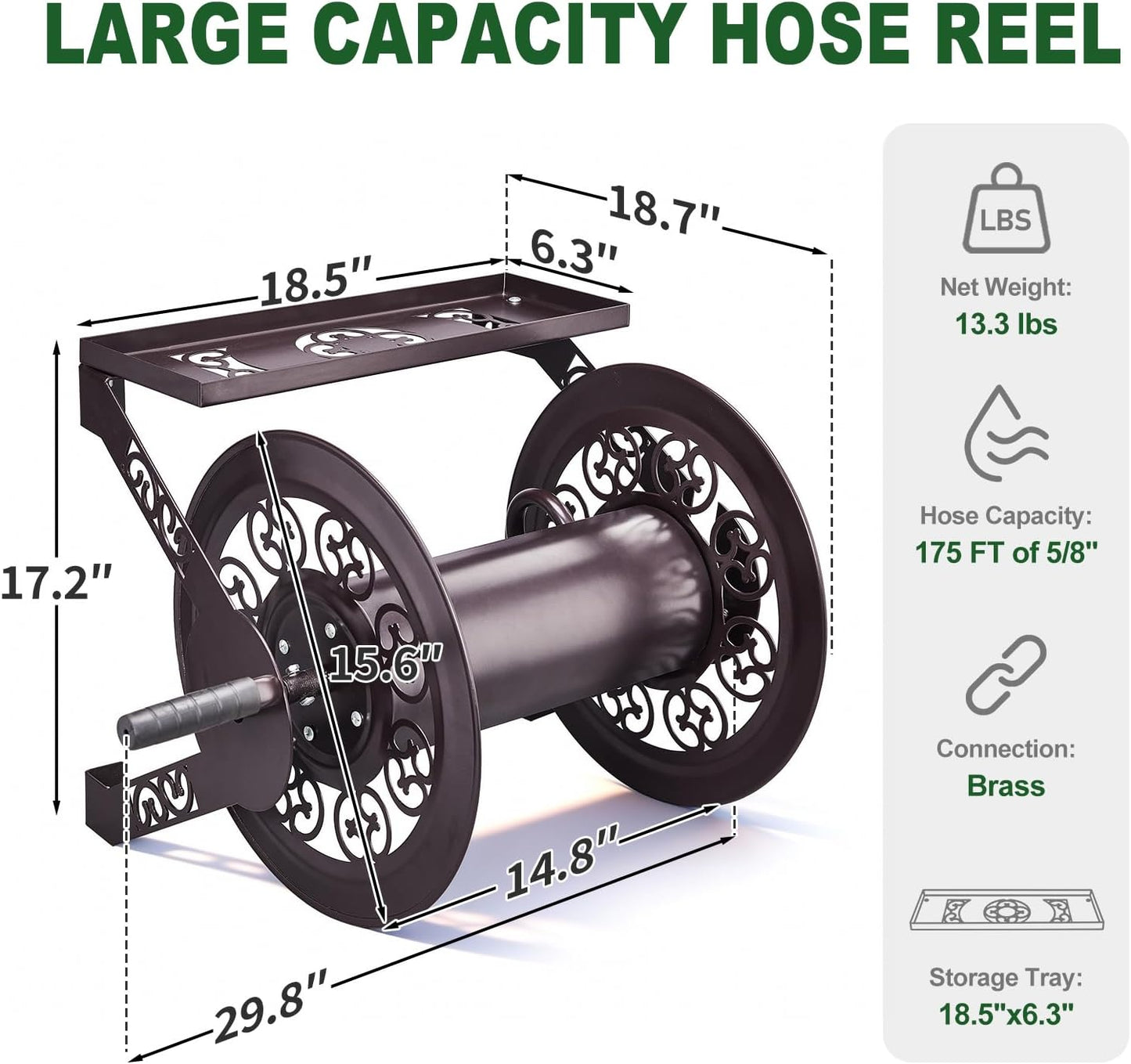 Wall Mounted Garden Hose Reel, Holds 175 ft 5/8-inch Hose, Brown