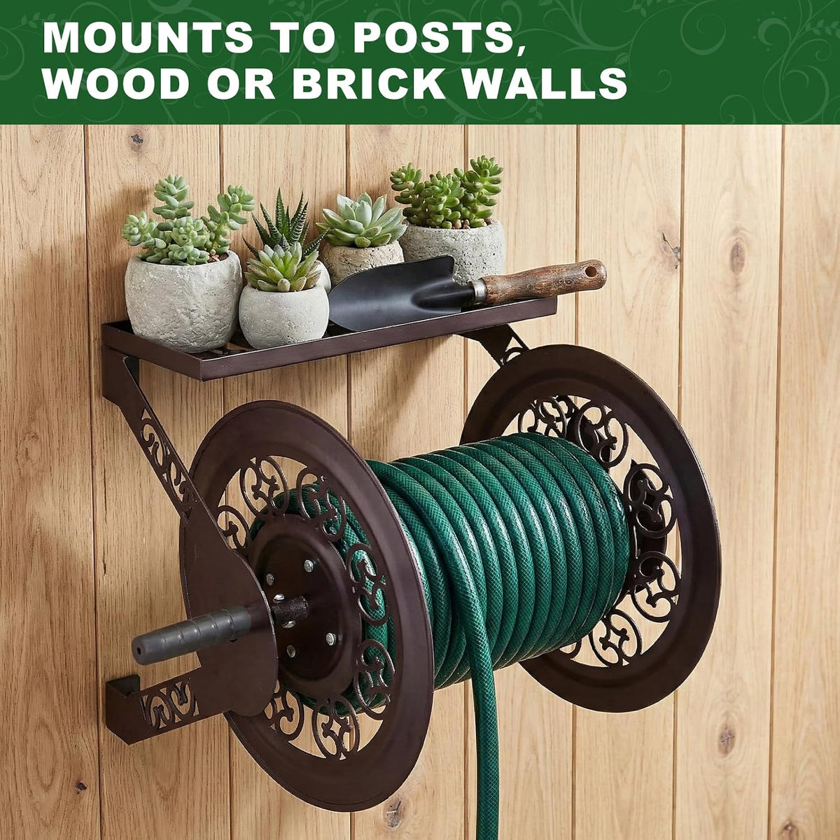 Wall Mounted Garden Hose Reel, Holds 175 ft 5/8-inch Hose, Brown