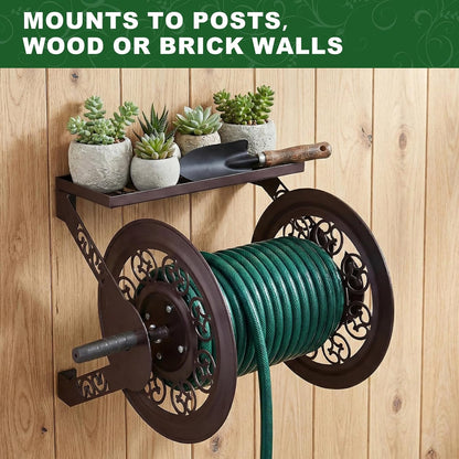 Wall Mounted Garden Hose Reel, Holds 175 ft 5/8-inch Hose, Brown