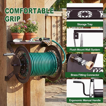 Wall Mounted Garden Hose Reel, Holds 175 ft 5/8-inch Hose, Brown