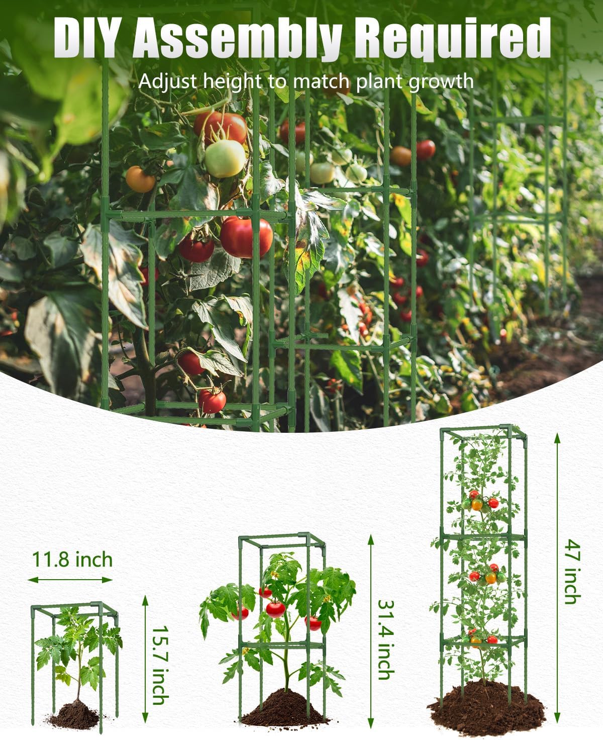 3 Pack 47 Inch Heavy Duty Height Adjustable Square Tomato Cage