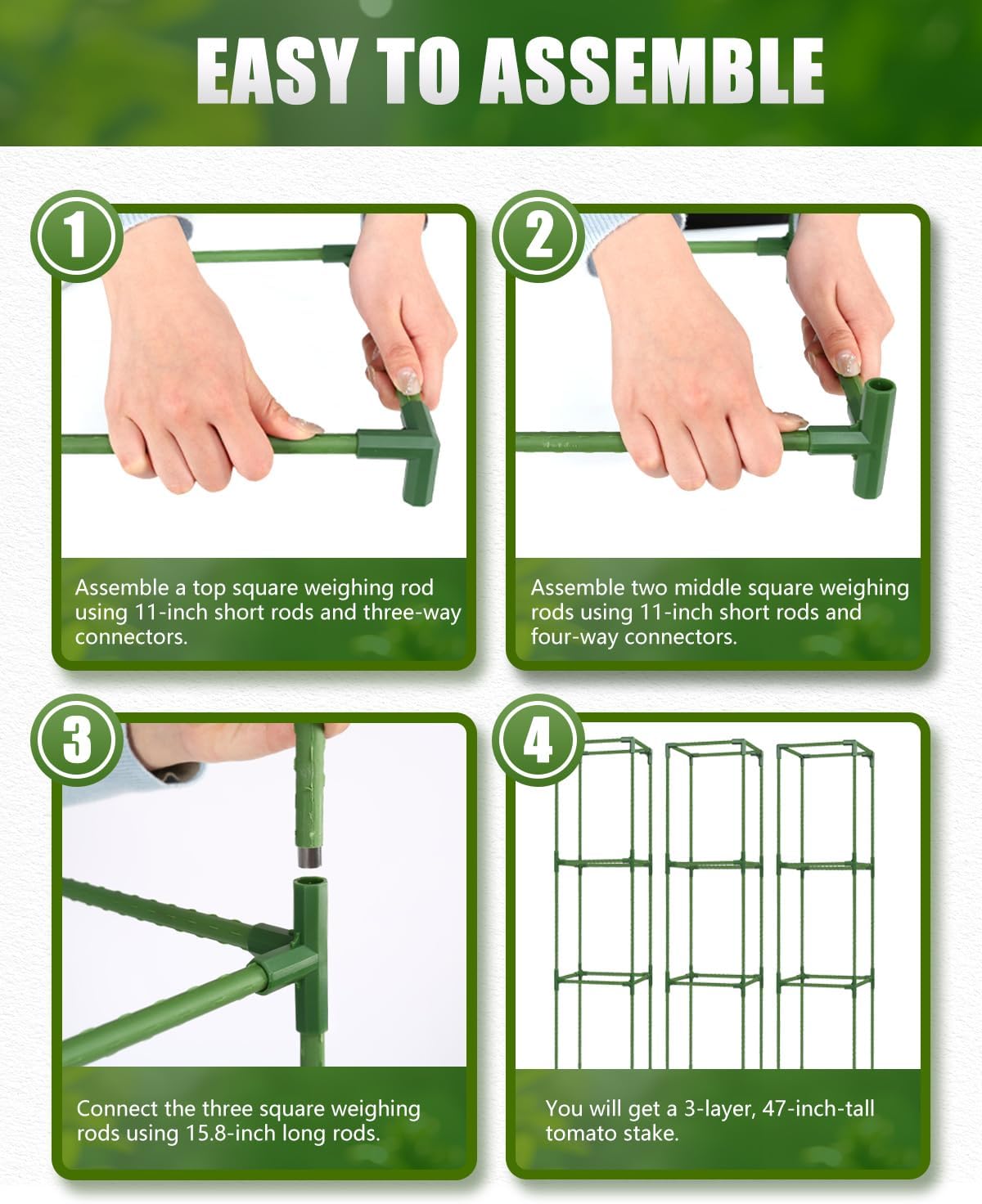 3 Pack 47 Inch Heavy Duty Height Adjustable Square Tomato Cage