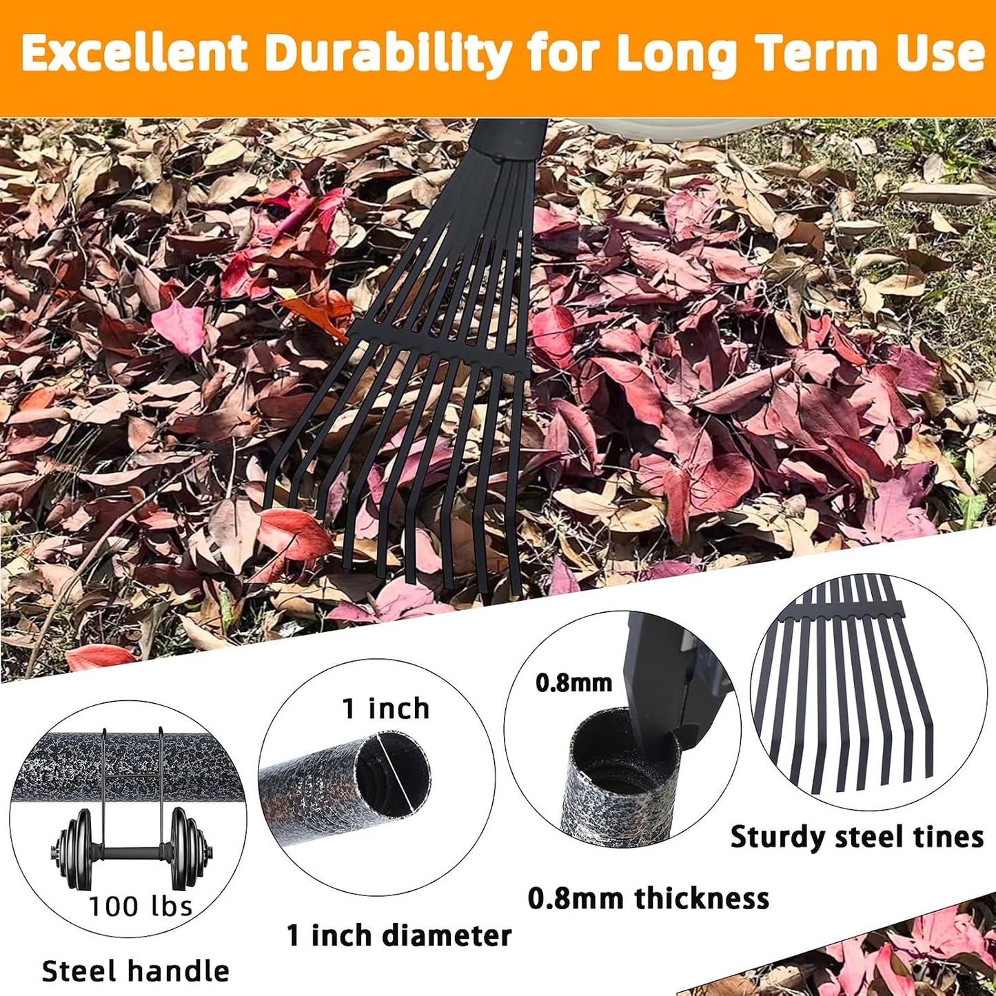 Garden Rake for Leaves, 48" Metal Leaf Rake with Soft Foam Grip