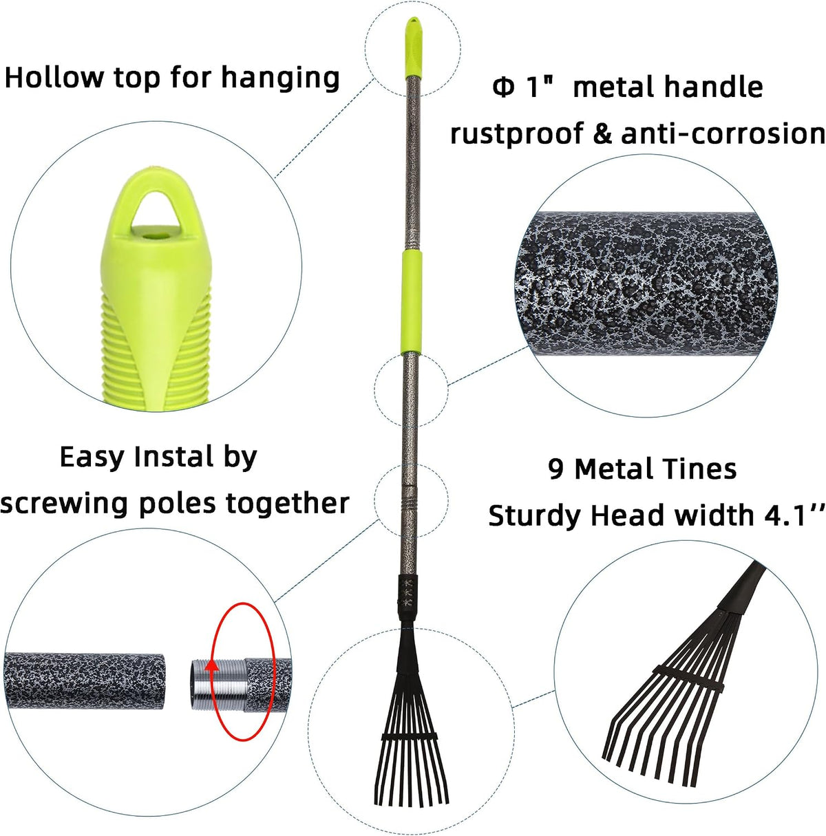 Garden Rake for Leaves, 48" Metal Leaf Rake with Soft Foam Grip