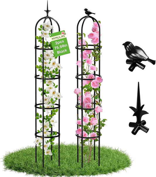 2PCS Updated Garden Obelisk Trellis for Climbing Plants Outdoor, 6.3 FT Tomato Cage, Rose, Flowers, Grape, Pea, Cucumber Trellis, Rustproof Plastic Coated Metal Plant Support Trellis for Potted Plants
