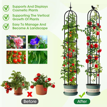 2PCS Updated Garden Obelisk Trellis for Climbing Plants Outdoor, 6.3 FT Tomato Cage, Rose, Flowers, Grape, Pea, Cucumber Trellis, Rustproof Plastic Coated Metal Plant Support Trellis for Potted Plants
