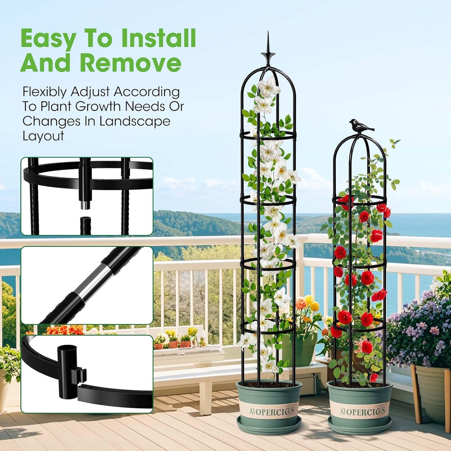 2PCS Updated Garden Obelisk Trellis for Climbing Plants Outdoor, 6.3 FT Tomato Cage, Rose, Flowers, Grape, Pea, Cucumber Trellis, Rustproof Plastic Coated Metal Plant Support Trellis for Potted Plants