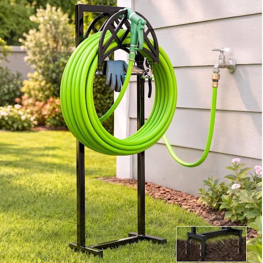 Garden Hose Holder Stand for Outside w/ 4-Spike Base, Holds upto 160ft
