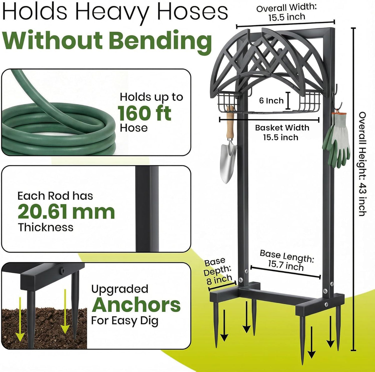 Garden Hose Holder Stand for Outside w/ 4-Spike Base, Holds upto 160ft