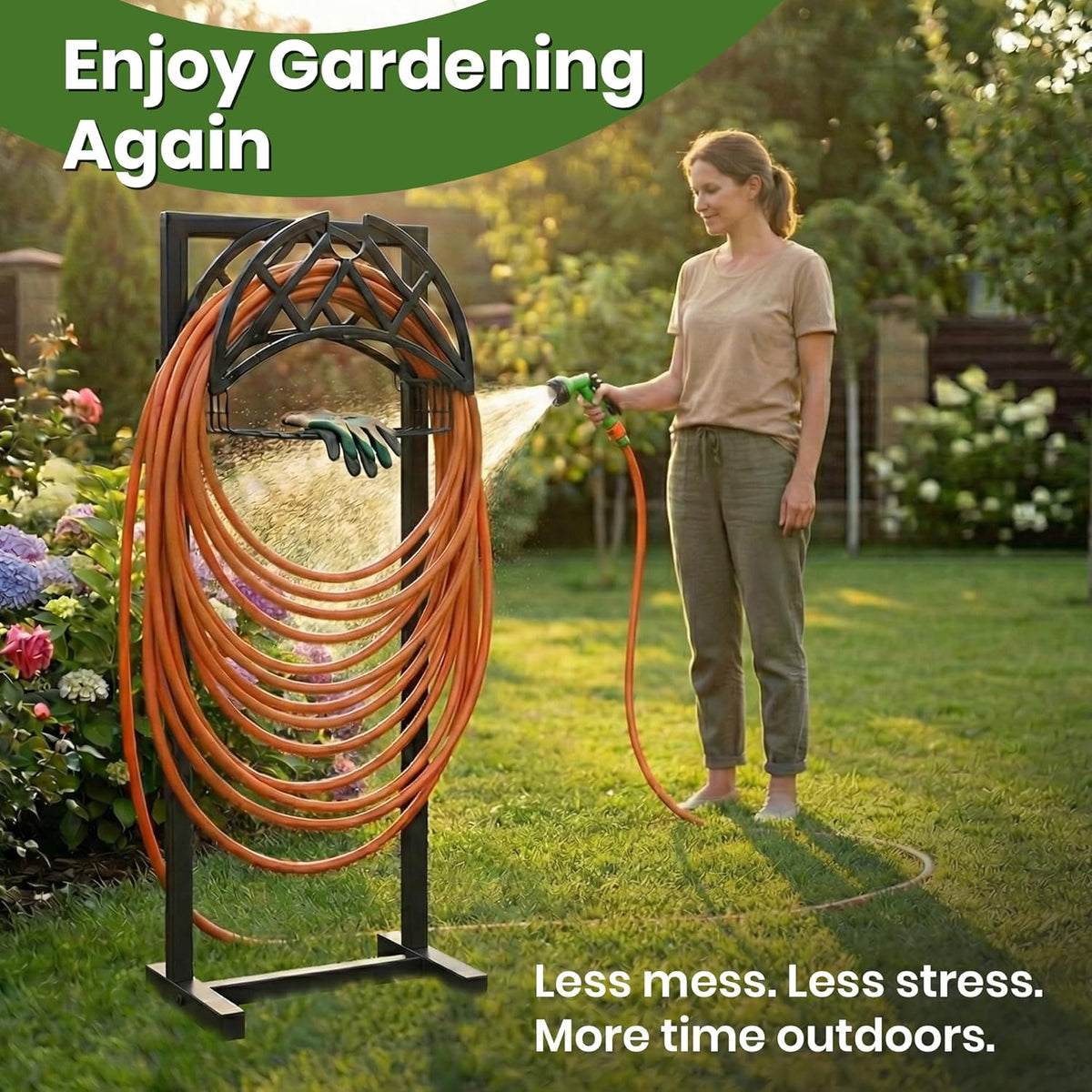 Garden Hose Holder Stand for Outside w/ 4-Spike Base, Holds upto 160ft