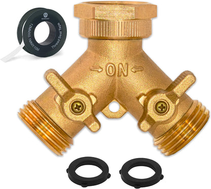 Brass Heavy-Duty Garden Hose Water Splitter | LEAD-FREE 2-Way Y Splitter for Water Spigot & Faucet | Manifold Connector ON/OFF Valves w/Improved Comfort Grip, 3 Extra Washers & Teflon Tape