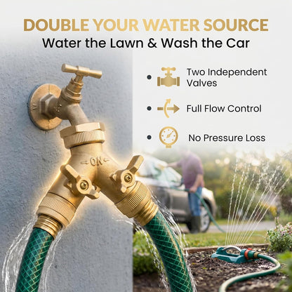 Brass Heavy-Duty Garden Hose Water Splitter | LEAD-FREE 2-Way Y Splitter for Water Spigot & Faucet | Manifold Connector ON/OFF Valves w/Improved Comfort Grip, 3 Extra Washers & Teflon Tape