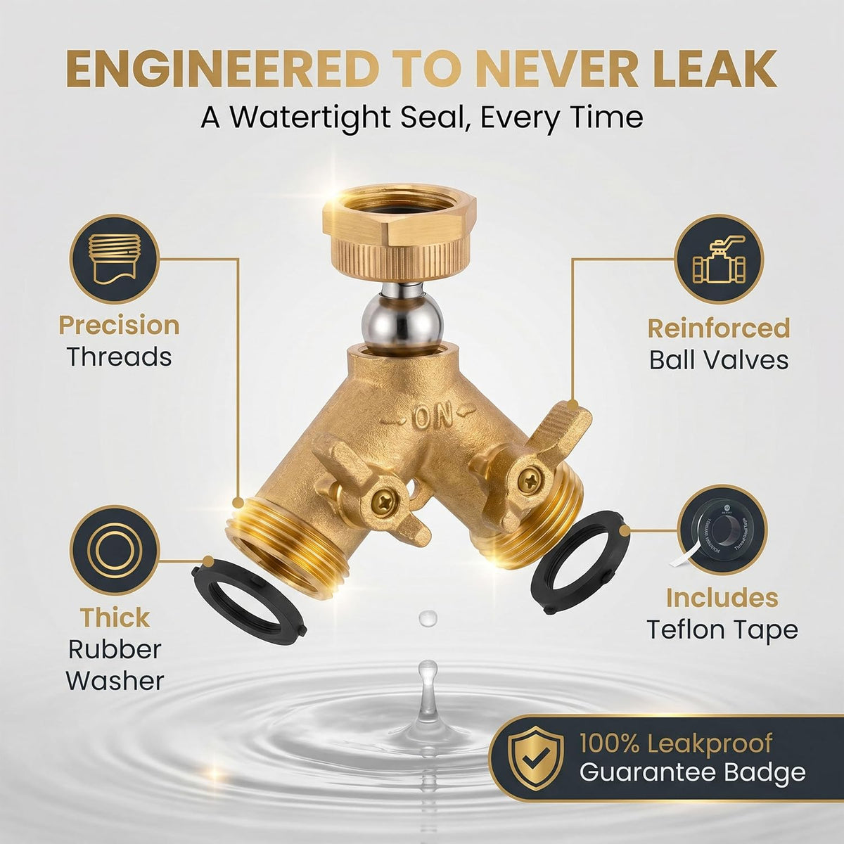 Brass Heavy-Duty Garden Hose Water Splitter | LEAD-FREE 2-Way Y Splitter for Water Spigot & Faucet | Manifold Connector ON/OFF Valves w/Improved Comfort Grip, 3 Extra Washers & Teflon Tape