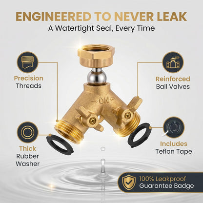 Brass Heavy-Duty Garden Hose Water Splitter | LEAD-FREE 2-Way Y Splitter for Water Spigot & Faucet | Manifold Connector ON/OFF Valves w/Improved Comfort Grip, 3 Extra Washers & Teflon Tape