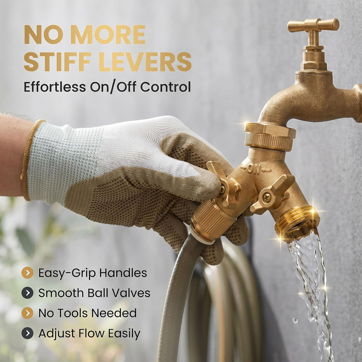 Brass Heavy-Duty Garden Hose Water Splitter | LEAD-FREE 2-Way Y Splitter for Water Spigot & Faucet | Manifold Connector ON/OFF Valves w/Improved Comfort Grip, 3 Extra Washers & Teflon Tape