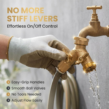 Brass Heavy-Duty Garden Hose Water Splitter | LEAD-FREE 2-Way Y Splitter for Water Spigot & Faucet | Manifold Connector ON/OFF Valves w/Improved Comfort Grip, 3 Extra Washers & Teflon Tape