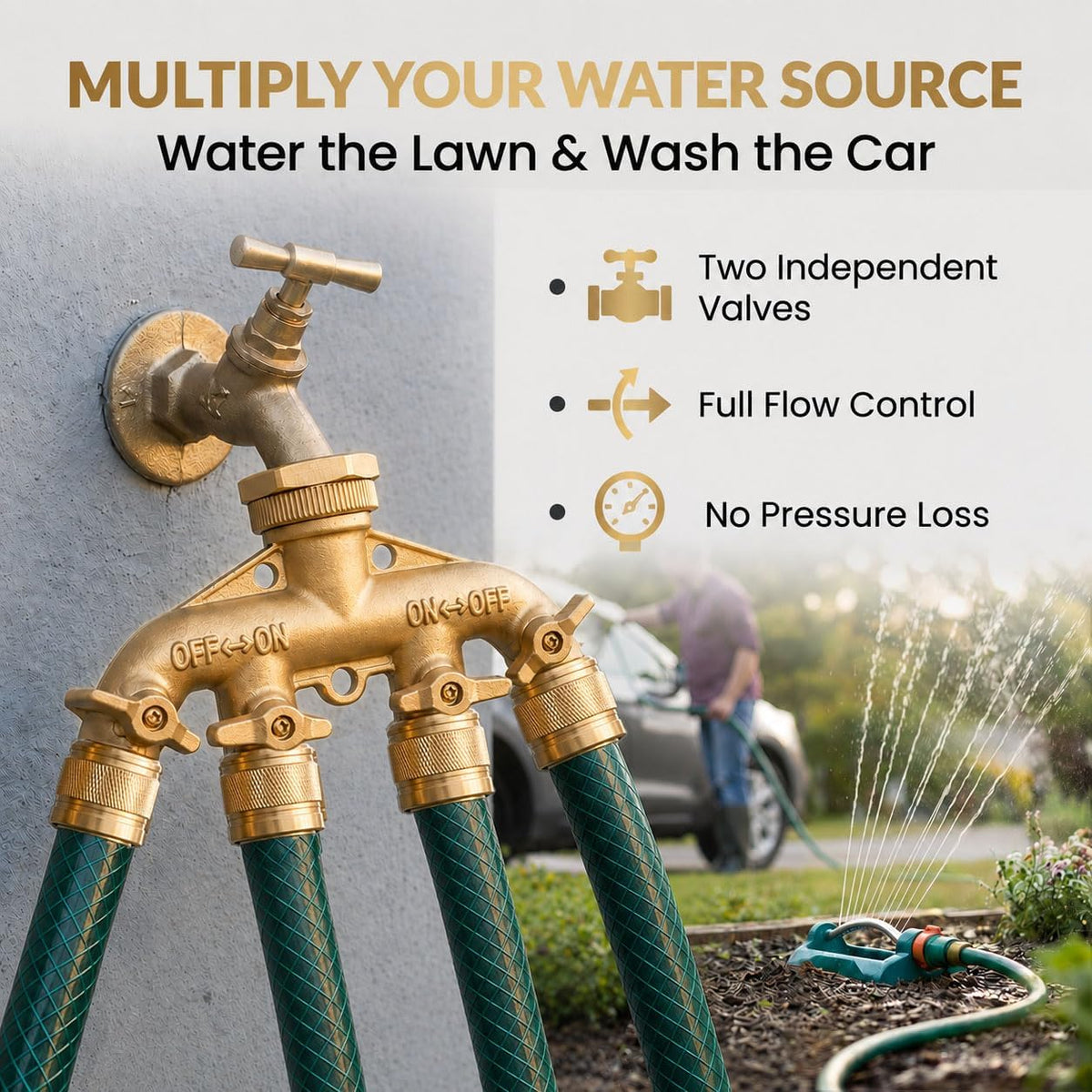 Brass Heavy-Duty Garden Hose Water Splitter | LEAD-FREE 2-Way Y Splitter for Water Spigot & Faucet | Manifold Connector ON/OFF Valves w/Improved Comfort Grip, 3 Extra Washers & Teflon Tape