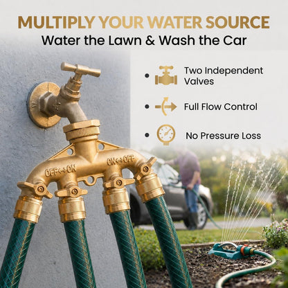 Brass Heavy-Duty Garden Hose Water Splitter | LEAD-FREE 2-Way Y Splitter for Water Spigot & Faucet | Manifold Connector ON/OFF Valves w/Improved Comfort Grip, 3 Extra Washers & Teflon Tape
