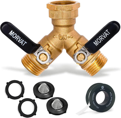 Brass Heavy-Duty Garden Hose Water Splitter | LEAD-FREE 2-Way Y Splitter for Water Spigot & Faucet | Manifold Connector ON/OFF Valves w/Improved Comfort Grip, 3 Extra Washers & Teflon Tape