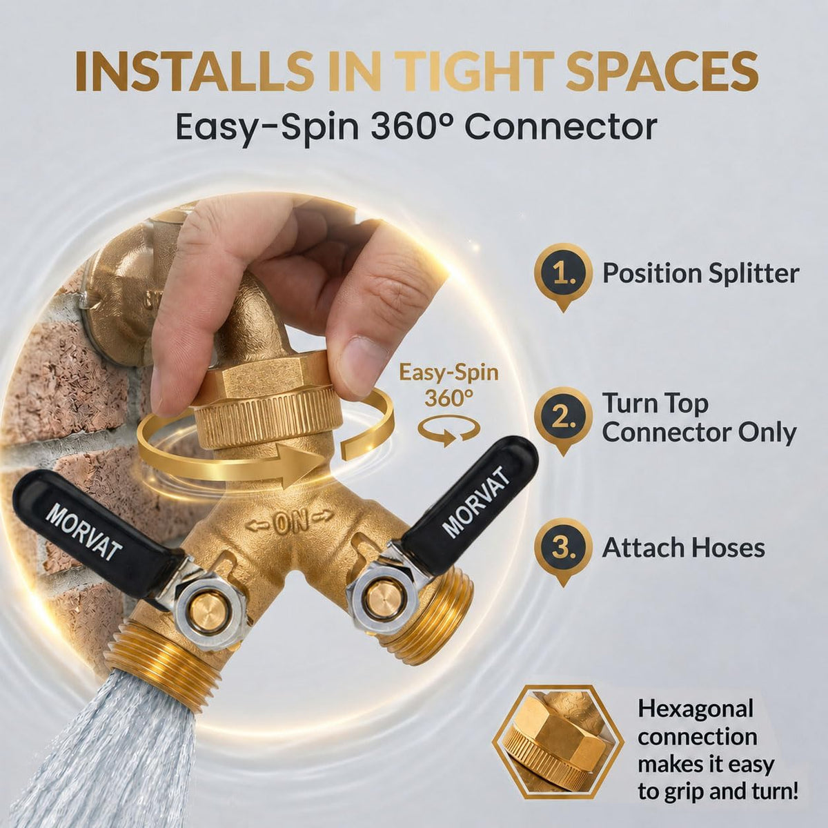 Brass Heavy-Duty Garden Hose Water Splitter | LEAD-FREE 2-Way Y Splitter for Water Spigot & Faucet | Manifold Connector ON/OFF Valves w/Improved Comfort Grip, 3 Extra Washers & Teflon Tape