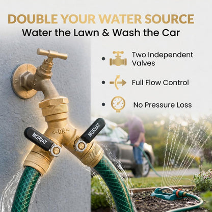 Brass Heavy-Duty Garden Hose Water Splitter | LEAD-FREE 2-Way Y Splitter for Water Spigot & Faucet | Manifold Connector ON/OFF Valves w/Improved Comfort Grip, 3 Extra Washers & Teflon Tape