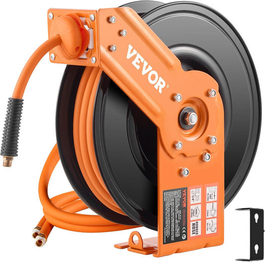 Retractable Air Hose Reel, 3/8IN x 50FT Rubber Air Hose Max 300PSI, Air Compressor Hose Reel Auto-Rewind with 5FT Lead in, Ceiling/Wall Mount Heavy Duty Single Arm Reel & 180° Swivel Bracket