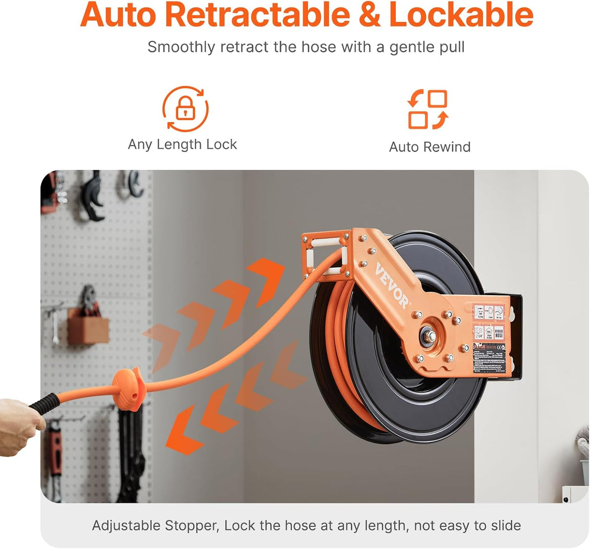 Retractable Air Hose Reel, 3/8IN x 50FT Rubber Air Hose Max 300PSI, Air Compressor Hose Reel Auto-Rewind with 5FT Lead in, Ceiling/Wall Mount Heavy Duty Single Arm Reel & 180° Swivel Bracket