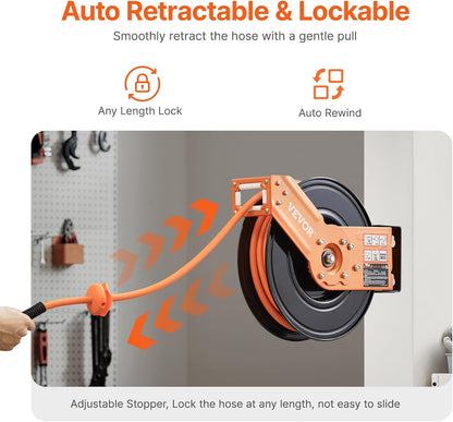 Retractable Air Hose Reel, 3/8IN x 50FT Rubber Air Hose Max 300PSI, Air Compressor Hose Reel Auto-Rewind with 5FT Lead in, Ceiling/Wall Mount Heavy Duty Single Arm Reel & 180° Swivel Bracket
