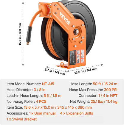 Retractable Air Hose Reel, 3/8IN x 50FT Rubber Air Hose Max 300PSI, Air Compressor Hose Reel Auto-Rewind with 5FT Lead in, Ceiling/Wall Mount Heavy Duty Single Arm Reel & 180° Swivel Bracket
