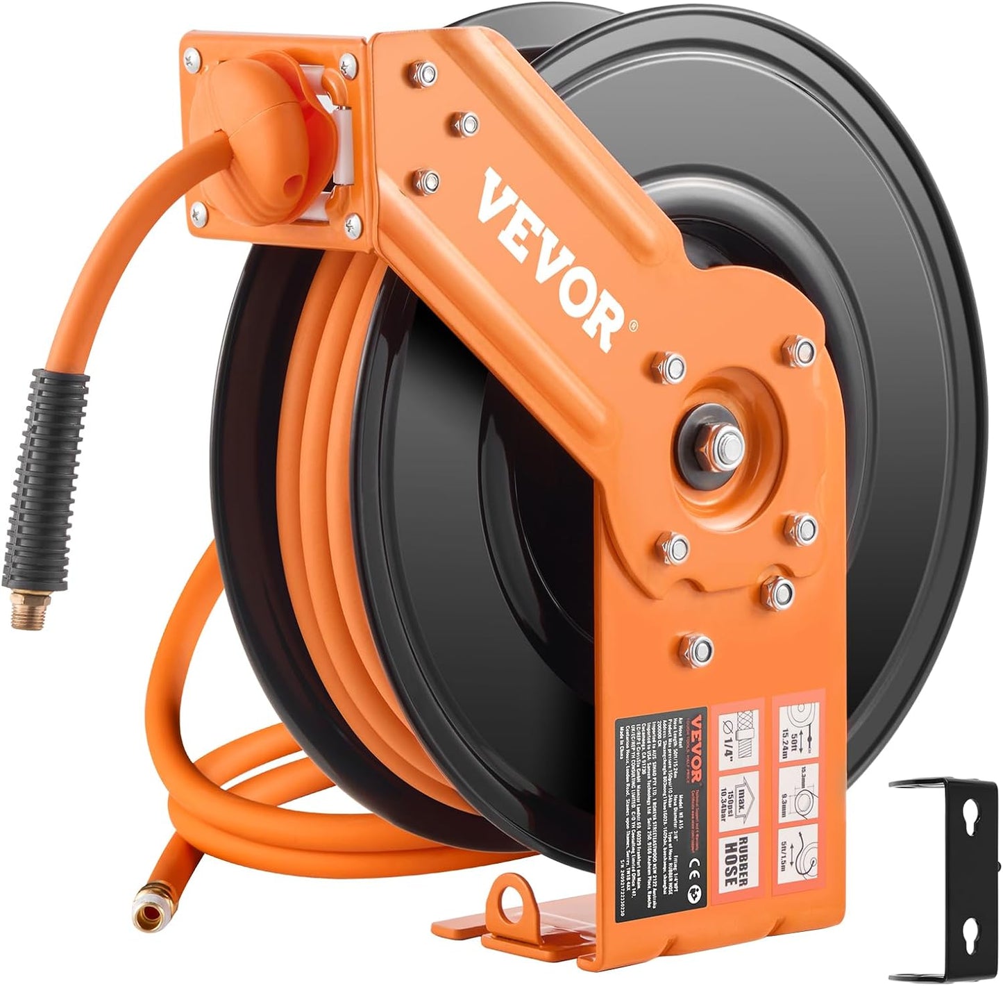 Retractable Air Hose Reel, 3/8IN x 50FT Rubber Air Hose Max 300PSI, Air Compressor Hose Reel Auto-Rewind with 5FT Lead in, Ceiling/Wall Mount Heavy Duty Single Arm Reel & 180° Swivel Bracket